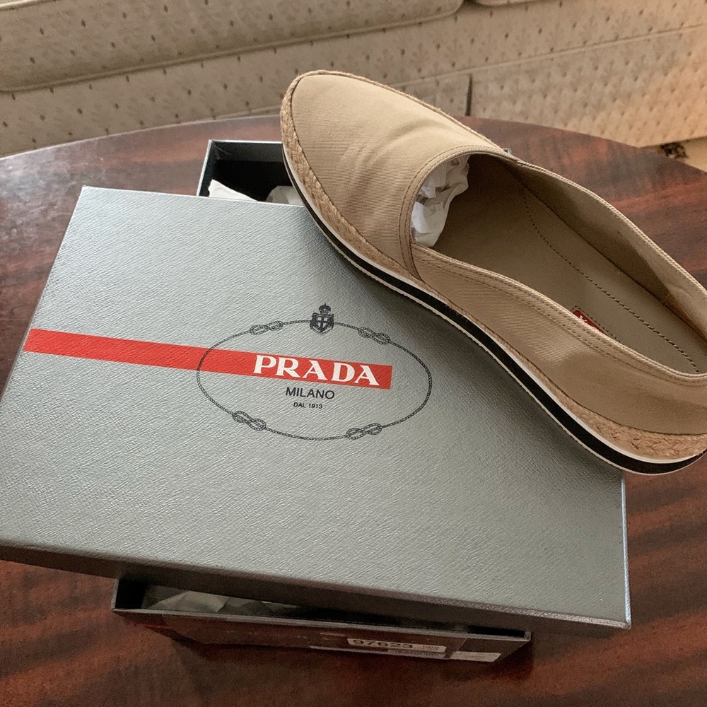 PRADA Canvas Slip-On Espadrilles with Navy Stripe